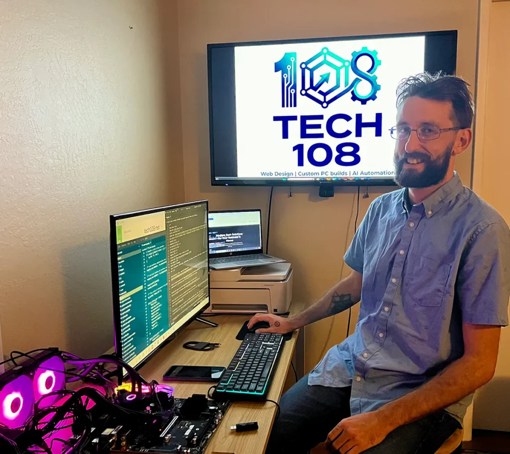 Gavin Delaney-Rizzo Founder Tech 108 at his workstation in Sonora, CA